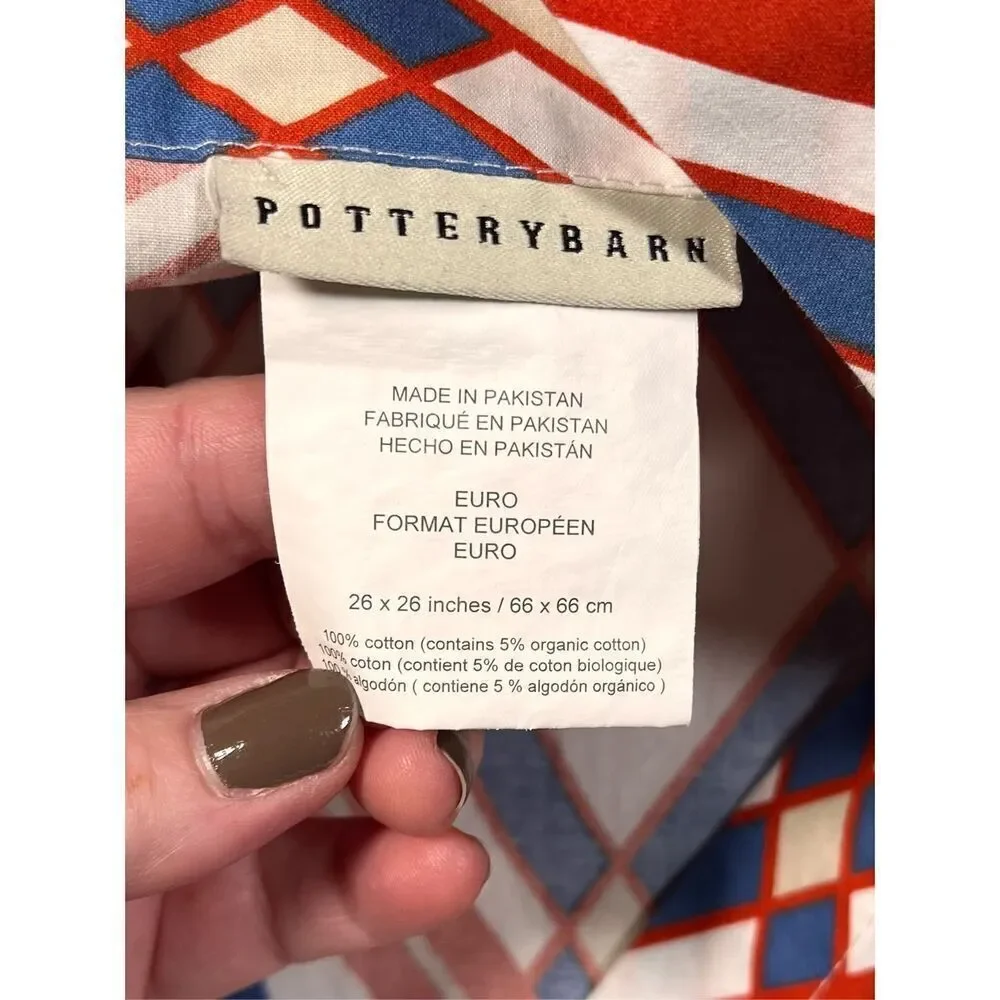Pottery Barn Set of 2 Geometric Euro Square Pillow Shams Blue Orange EUC Bedroom